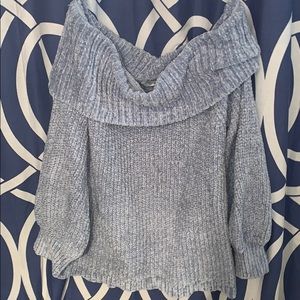 blue off the shoulder sweater